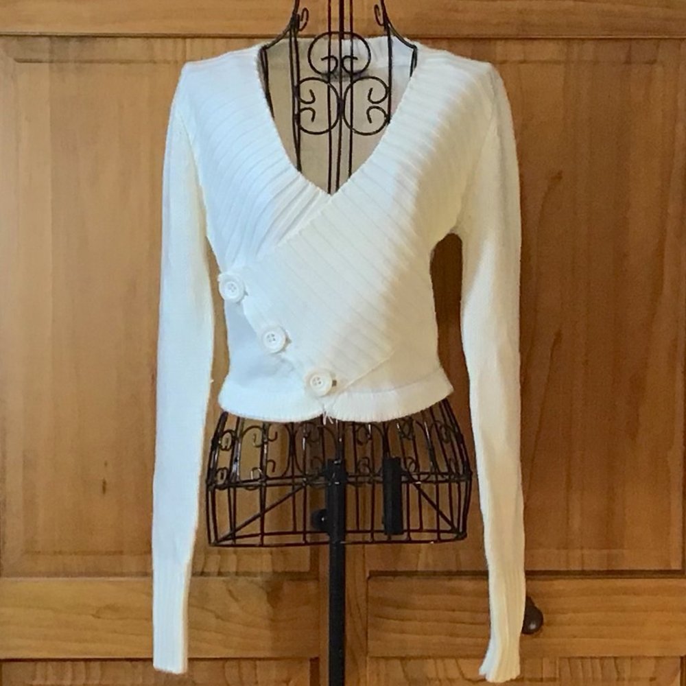White Long Sleeve Wrap Crop Top Sweater